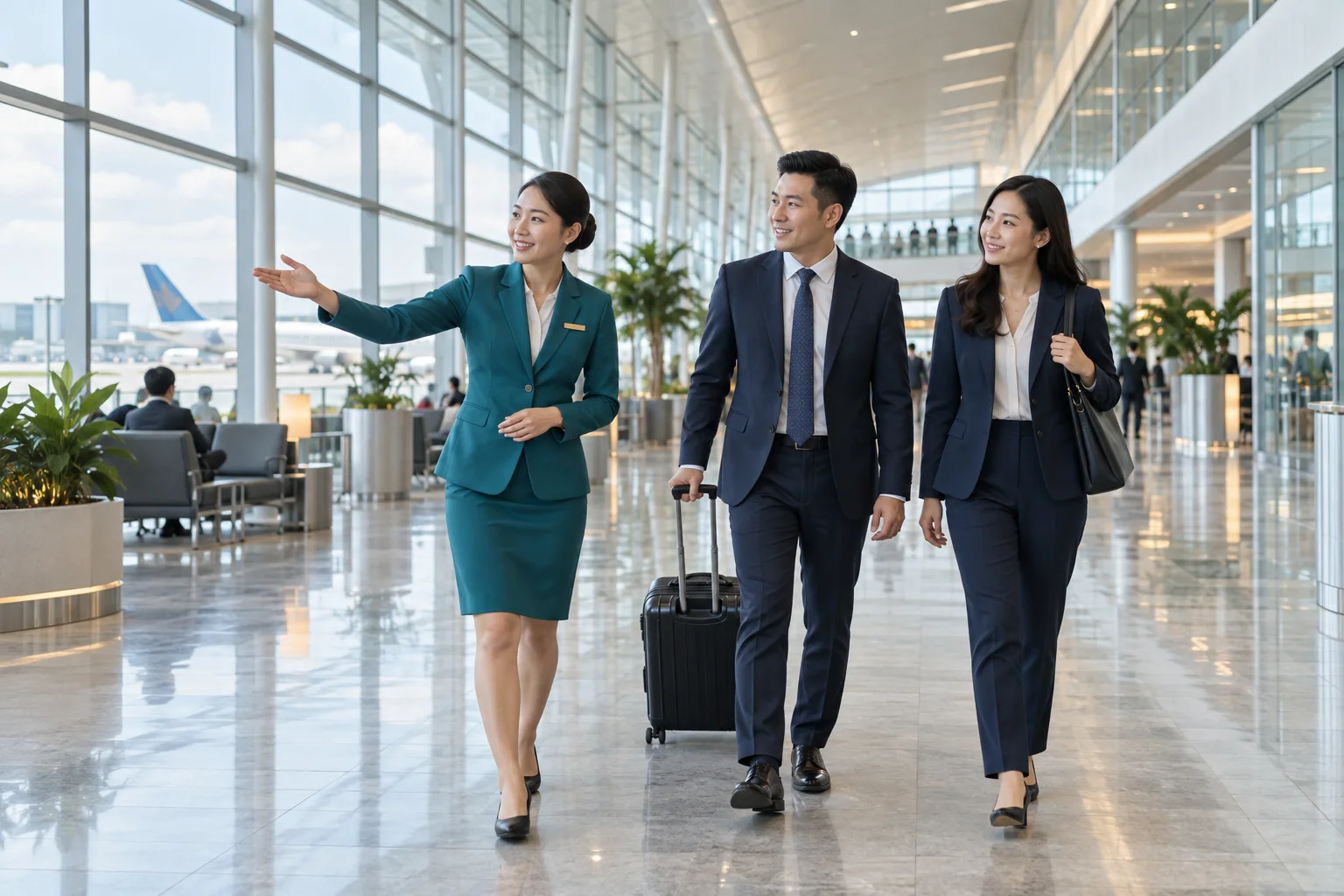 Nhân viên hỗ trợ dẫn khách công tác qua nhà ga sân bay